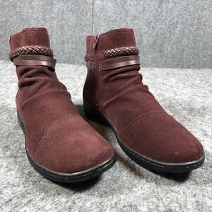 Clarks Wedge Booties Womens 10 W Red Suede Ankle Zip Braided Strap Boots